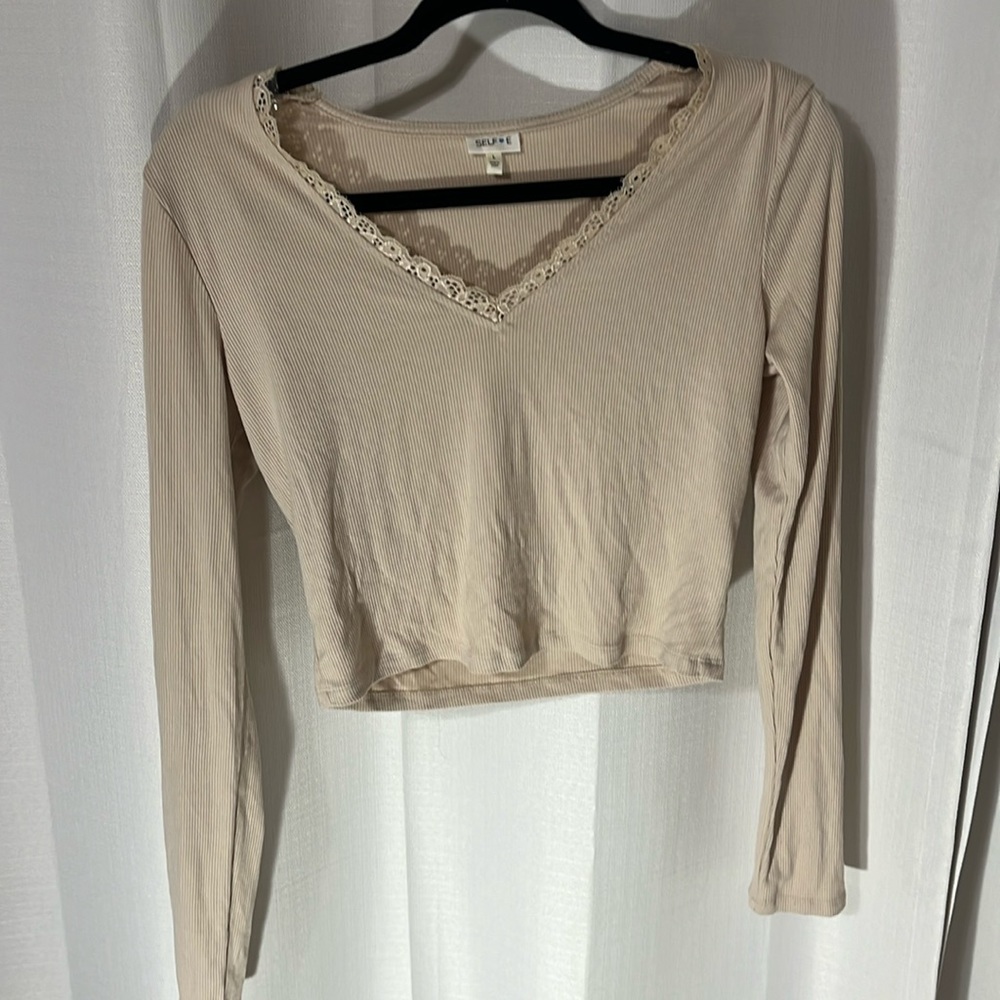Tan lace long sleeve crop top